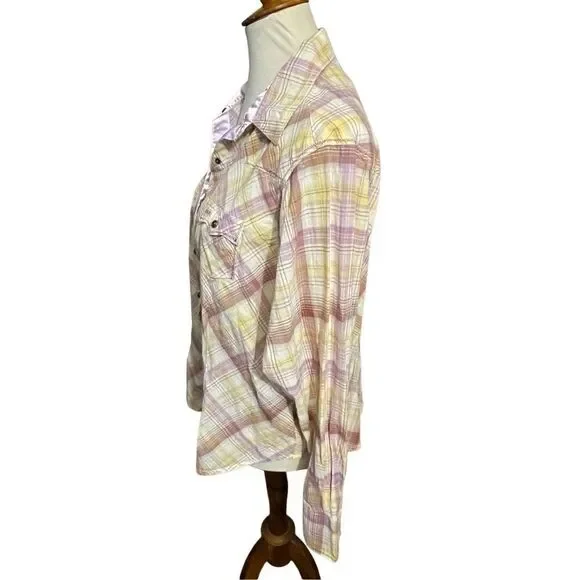 Wrangler Ultra 20X Fit Plaid Multi-Color Button Down Snap Jewel Buttons w/ Laven - Picture 10 of 16